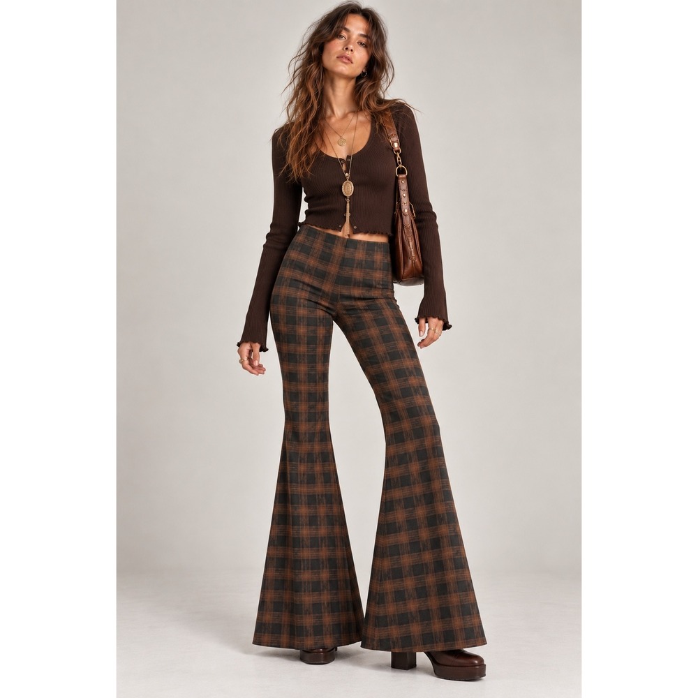 Mustard Seed Anthropologie Plaid Flare Pants Women M Brown Black 70s Grunge